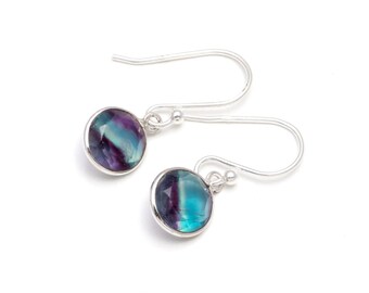 Natural Rainbow Fluorite Round Dangle Earrings, 925 Sterling Silver Bohemian Jewelry