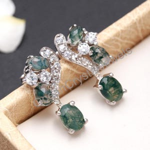 Natural Moss Agate Oval Dangle Earrings, Sterling Silver Minimalist Green Stone Jewelry
