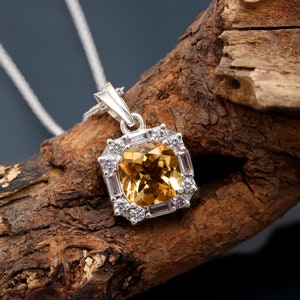 Natural Citrine Quartz Cushion Pendant, 925Sterling Silver Vintage Jewelry, Handmade Necklace, Chain Pendant, Healing Pendant, Birthday Gift