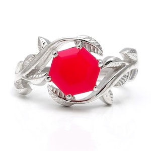 Handmade Hot Pink Chalcedony Hexagon Ring: 925 Sterling Silver Leaf Jewelry