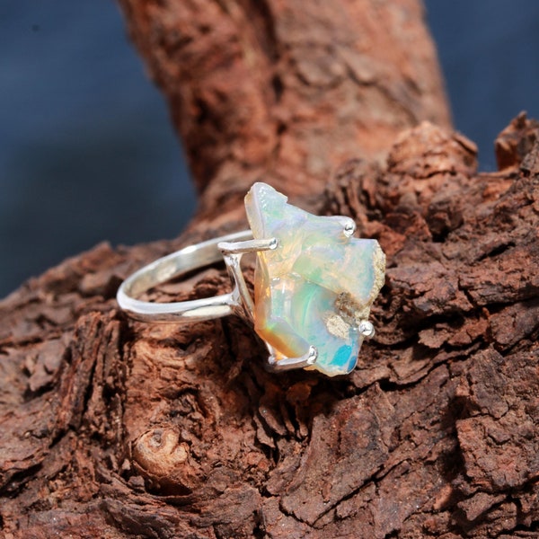 Natural Ethiopian Opal Raw Silver Ring, Uncut Gemstone Ring, October Birthstone Ring, Silver Unique Ring, Birthday Gift, Gift For Lovers,