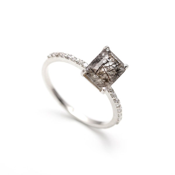 Anillo octogonal de rutilo negro natural, plata de ley 925, joyería vintage de cuarzo turmalinado