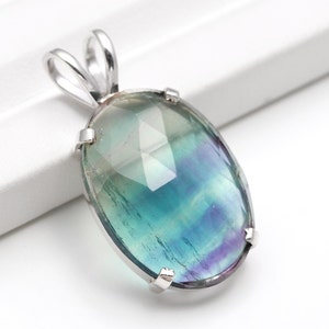 Genuine Rainbow Fluorite Oval Pendant, 925 Sterling Silver Modernist Jewelry, Large Gemstone Pendant, Multi Color Necklace, Anniversary Gift