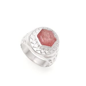 Strawberry Quartz Hexagon Ring: 925 Sterling Silver Boho Jewelry