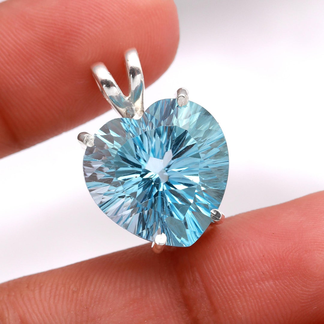 Natural Sky Blue Topaz Heart Pendant, 925 Sterling Silver Bohemian ...