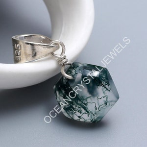 Moss Agate Hexagon Pendant: 925 Sterling Silver Minimalist Jewelry