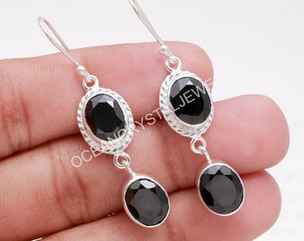 Natural Black Spinel Two Stone Earring, 925 Sterling Silver Jewelry, Oval Shape Earrings, Dangle Earrings, Gift For Lovers, Birthday Gift,
