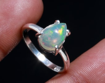 Natural Ethiopian Opal Pear Ring, Sterling Silver Handmade Vintage Engagement Jewelry