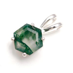 Moss Agate Hexagon Pendant: Vintage 925 Sterling Silver Jewelry