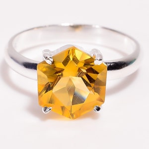 Natural Citrine Quartz Hexagon Ring, 925 Sterling Silver Handmade Jewelry, Yellow Gemstone Ring, Engagement Ring, Chunky Ring, Birthday Gift