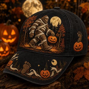 Custom Embroidered Halloween Bigfoot Baseball Cap, Mummy-Wrapped Sasquatch Carrying Jack-O'-Lantern, Moon & Pumpkin Visor, Charcoal Hat