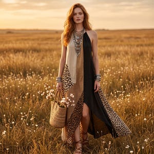 Beach Maxi Dress Women Patchwork Animal Print Halter Summer Vacation Elegant Sleeveless Sundress Style Dress