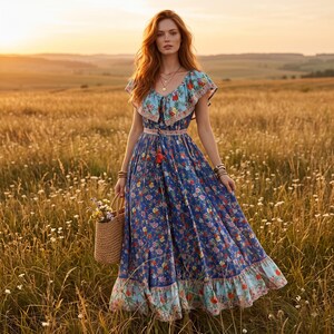 Può includere: Un abito midi blu con un vivace motivo floreale, scollo a volant e vita stretta da un laccio con nappe. L'abito presenta maniche corte e una gonna a balze con orlo azzurro. Viene tenuto in mano un cesto di paglia intrecciata pieno di fiori.