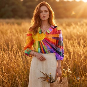 Può includere: Una camicia a maniche lunghe con un vivace motivo a raggiera multicolore nei toni del giallo, arancione, rosso, verde e viola, abbinata a una gonna a vita alta in tinta unita chiara e una borsa in paglia intrecciata.