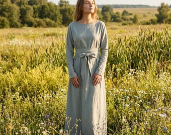 Long Wrap Linen Dress Women, 100% Linen Maxi Dress with Pockets, Boho Summer Dress, Maternity Linen Dress, Plus Size Wrap Dress