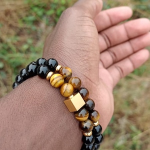 Ensemble de bracelets homme oeil de tigre et onyx noir | Bracelets de perles en pierre naturelle pour plus de solidité et de style