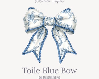 Clipart blauwe strik in Toile-stijl - elegante vintage lint aquarel png-bestand voor sublimatie, uitnodigingen en knutselen