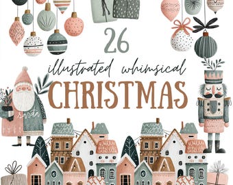 26 geïllustreerde grillige elementen van het kerstdorp – gezellige vakantie-clipart, winterstad-illustraties, digitale download