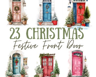 23 kerst-winterdeuren – illustraties van feestelijke feestdagen | Gezellige aquarelhuizen en voordeuren