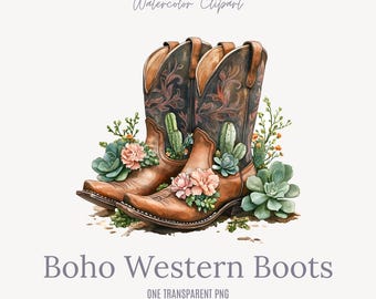 Westernlaarzen met bloemen en vetplanten - aquarel, png PNGEgg