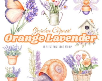 Oranje lavendeltuin aquarel clipart: bloemen, vlinders (digitale download)