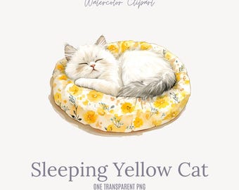 Kat slaapt op geel bed – Gezellige afdrukbare kunst voor kattenliefhebbers aquarel, png PNGEgg
