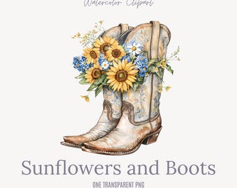 Western boho-zonnebloemen en laarzen - aquarel, png-bestand