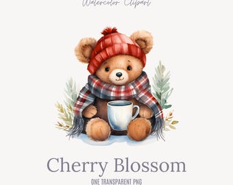 Clipart kerstteddybeer aquarel: wintersjaal en thee (PNG)
