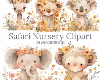 Safari kinderkamerdierenprints – aquarel babydieren met bloemen (digitale download)