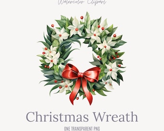 Elegante kerstkrans met witte bloemen en lint – Clipart winterbloemen / decoratie kunst vakantie