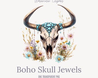 Westerse koeschedel met bloemen en juweel-aquarel, png PNGEgg