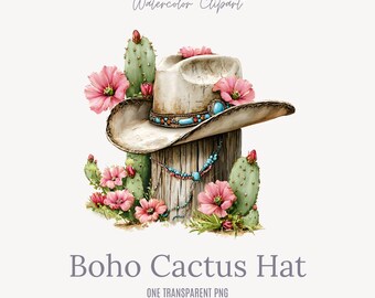 Westerse bohohoed met cactus en bloemen - aquarel, png PNGEgg