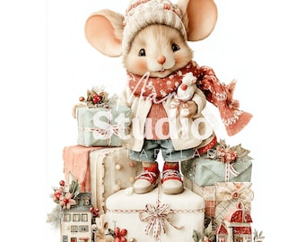 Geïllustreerde clipart kerstmuizen – Feestdagenillustraties (digitale download)