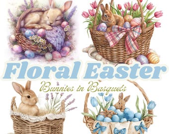 Clipart bloemen paashaas: aquarelillustraties (digitale download)