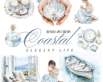 Elegante kustlevensstijl | Strandchique kunstafdrukken, kustdecor, aquarelset, digitale download