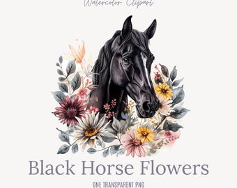 Western Black Horse en bloemen - aquarel, png-bestand