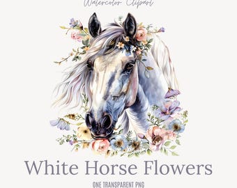 Western White Horse en bloemen - aquarel, png-bestand