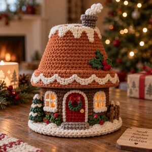 Casita de fábrica de dulces de ganchillo, casa de jengibre, decoración navideña de menta, pueblo navideño de ensueño