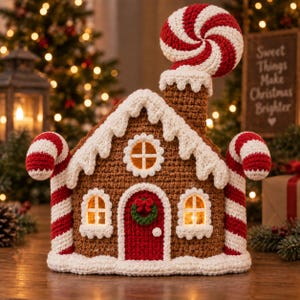 Gehaakt snoepfabriekhuisje, peperkoekhuisje, pepermuntkerstdecoratie, fantasierijk kerstdorp