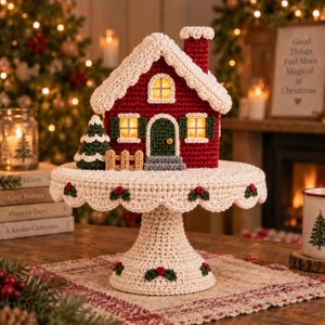 Casita de fábrica de dulces de ganchillo, casa de jengibre, decoración navideña de menta, pueblo navideño de ensueño