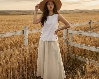 Camicetta personalizzata in cotone e lino da donna, camicia con bottoni, top estivo ampio, tunica casual boho, girocollo.