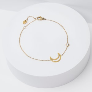 Moon Bracelet with Cubic Zirconia, Sideways Moon Bracelet, Gold Moon, Stainless Steel, Moon Pendant, Crescent Moon, Charm Gift, Lunar
