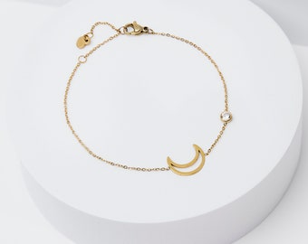Cubic Zirconia Moon Bracelet: Gold Color Crescent Charm