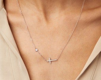 Sideways Cross Necklace: Pendant with Cubic Zirconia