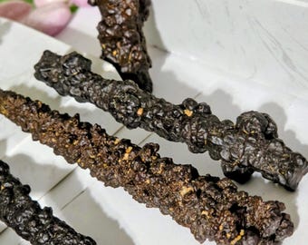 May include: A collection of dark brown, elongated, and textured mineral specimens with a rough, bumpy surface. These rod-shaped objects feature irregular, knobby protrusions and small patches of lighter tan coloration scattered across their dark exterior.