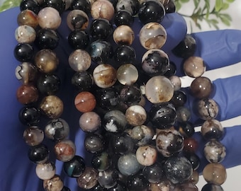Black Flower Agate Bracelet: Gemstone Bead Stretch Bracelet