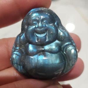 Labradorite Crystal Laughing Buddha, 30g Blue Flash Gemstone Figurine, Energy Decor image 1