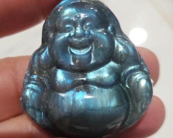 Labradorite Crystal Laughing Buddha, 30g Blue Flash Gemstone Figurine, Energy Decor