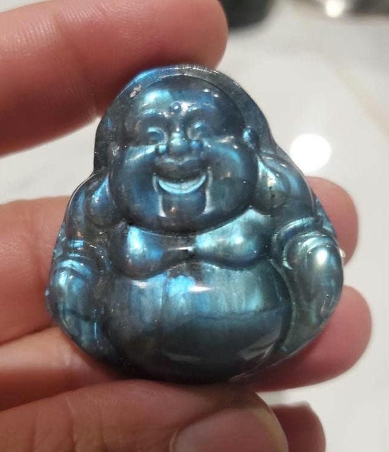 Labradorite Crystal Laughing Buddha, 30g Blue Flash Gemstone Figurine, Energy Decor image 1