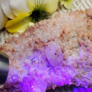 K&ouml;nnte beinhalten: Ein Cluster aus rosa und wei&szlig;en Kristallen mit einem violetten Leuchten unter UV-Licht. Die Kristalle sind in einer nat&uuml;rlichen Formation angeordnet und haben eine raue, strukturierte Oberfl&auml;che.